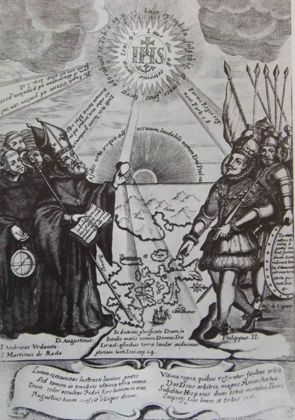 Estampa del libro de fray Gaspar de San Agust&iacute;n, Conquista de las Islas Philipinas: la temporal por las armas del se&ntilde;or Don Phelipe Segundo el Prudente; y la espiritual, por los religiosos del Orden de Nuestro Padre San Augustin ENT#91;&hellip; ENT#93;, Madrid, 1698.