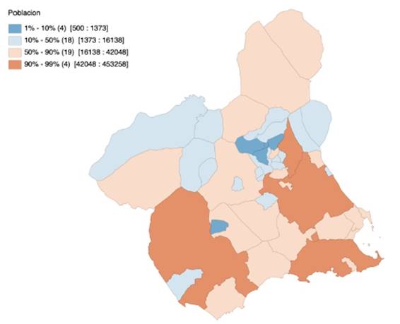 Distribuci&oacute;n de la poblaci&oacute;n de la Regi&oacute;n de Murcia 