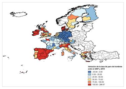 Variaci&oacute;n en las tasas de paro de los hombres entre 2007 y 2010