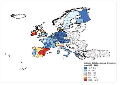 Variaci&oacute;n en las tasas de paro de las mujeres entre 2007 y 2010